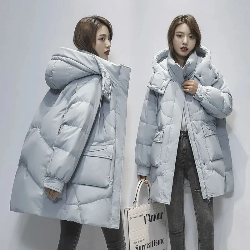 2022 Winter Warm Jackets Womens Korean Loose Cotton Parkas Coat Mid-Length Down Cotton Parkas Jacket Thicken Warm Hooded Outwear