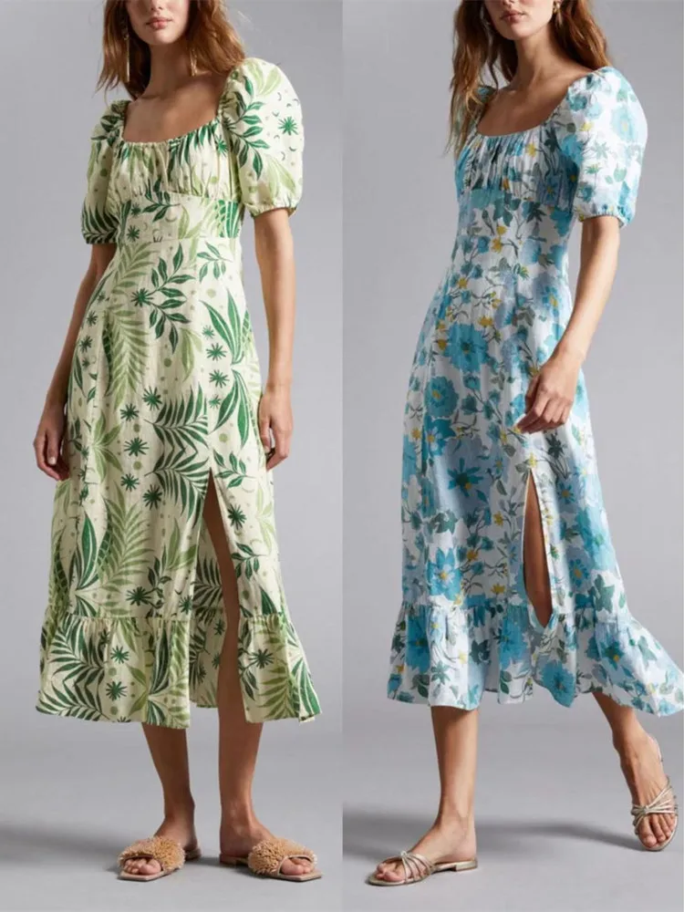 Women's Floral Print Slit Hem Mid-Calf Dress Square Collar Puff Sleeve Hem Ruffles Summer 2023 Female Robes