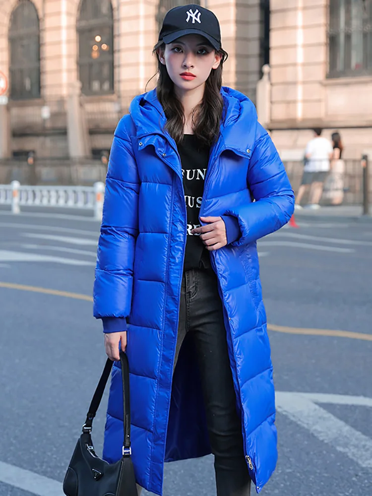 Black Glossy Parka Coat Women's 2023 Fashion Thicken Winter Hooded Loose Long Jacket Female Windproof Rainproof Warm Outwear