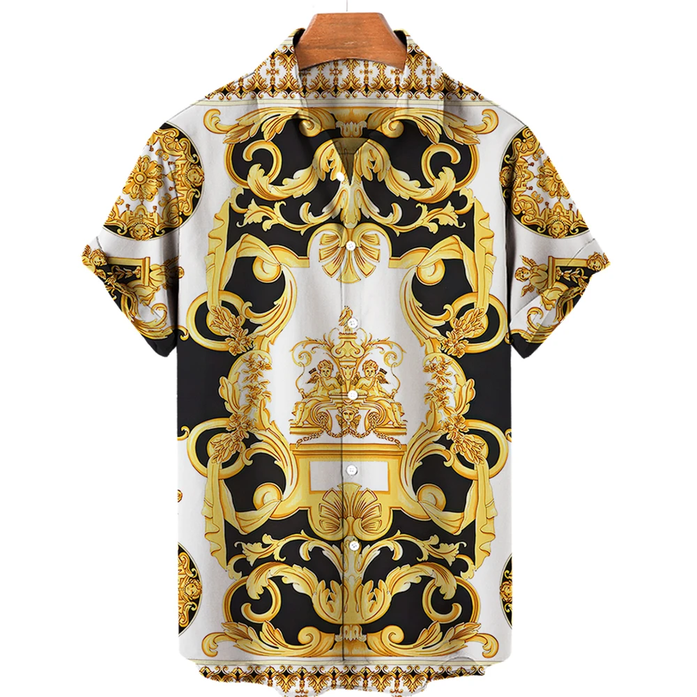 Baroque Style Luxurious Men's Shirt, Loose Short Sleeve Beach Shirt, Lapel, Breathable, Hawaii, 3D, Summer, European 5XL