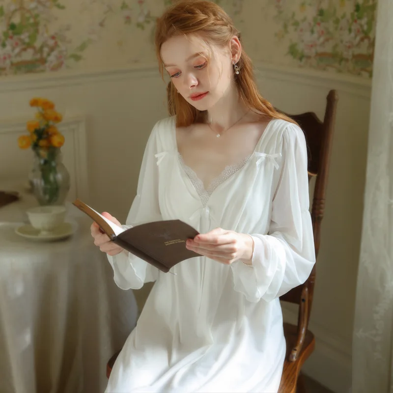

Princess Nightdress Female Spring and autumn cotton long-sleeved long style lace sexy French court retro pajamas dress