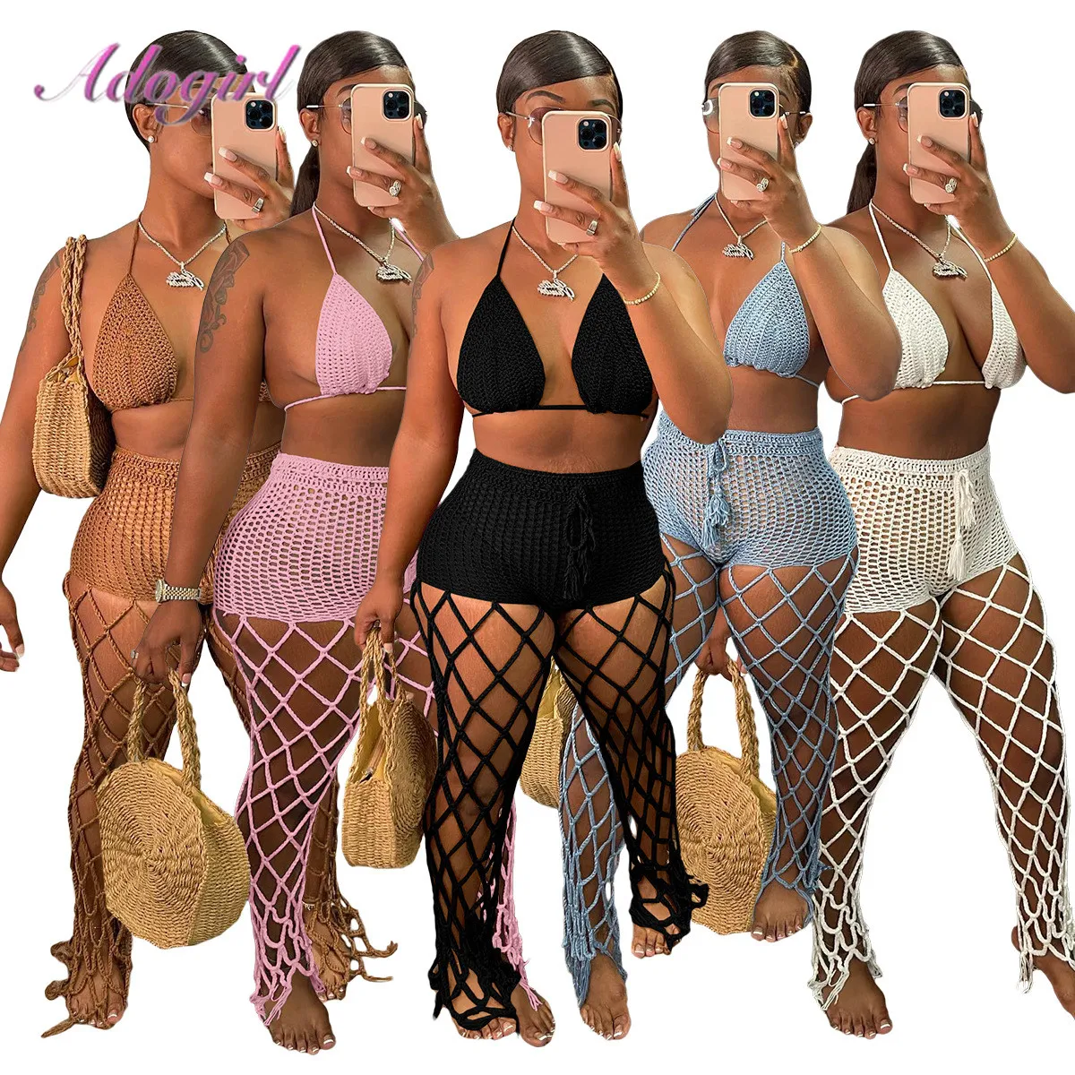 Fishnet Beach Bikini Summer Two Piece Set Women Sexy Halter Lace Up Bra Top Hollow Out Knit Pants Outfit Swimsuit Matching Set
