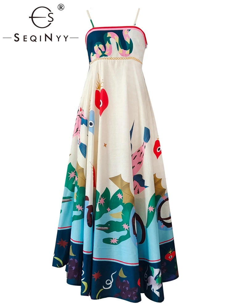 SEQINYY Elegant Midi Dress Summer Spring New Fashion Design Women Runway Strapless High Street Vintage Flowers Cartoon Print