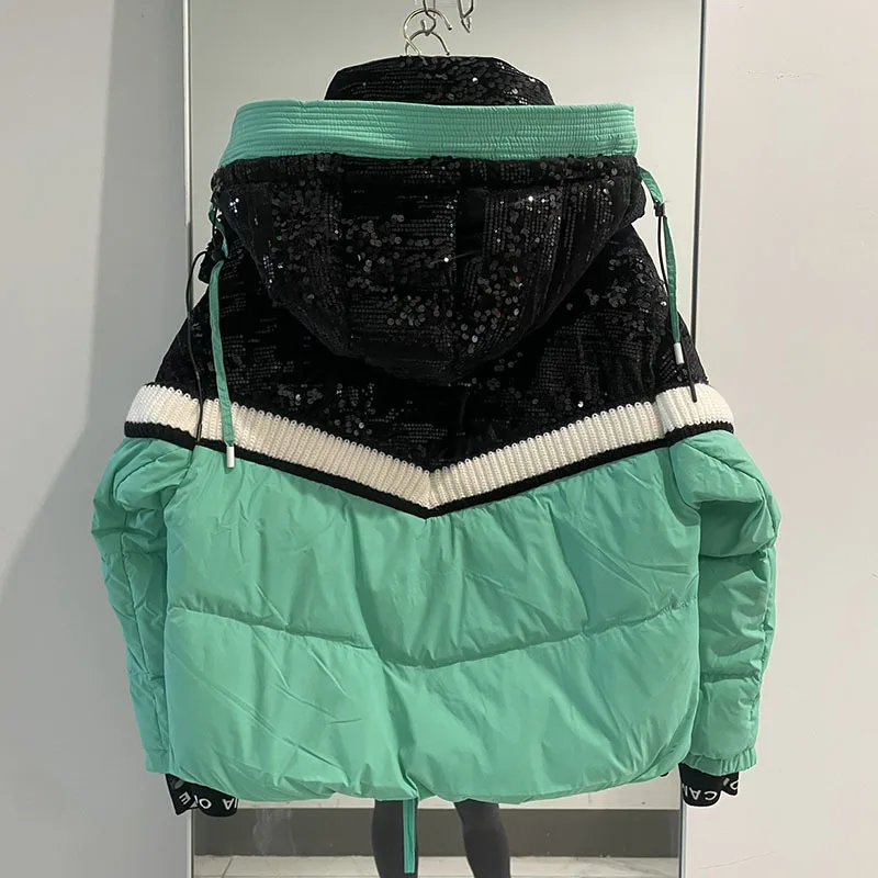 Женский короткий пуховик с блестками зимнее пальто на 2024 утином пуху 90%