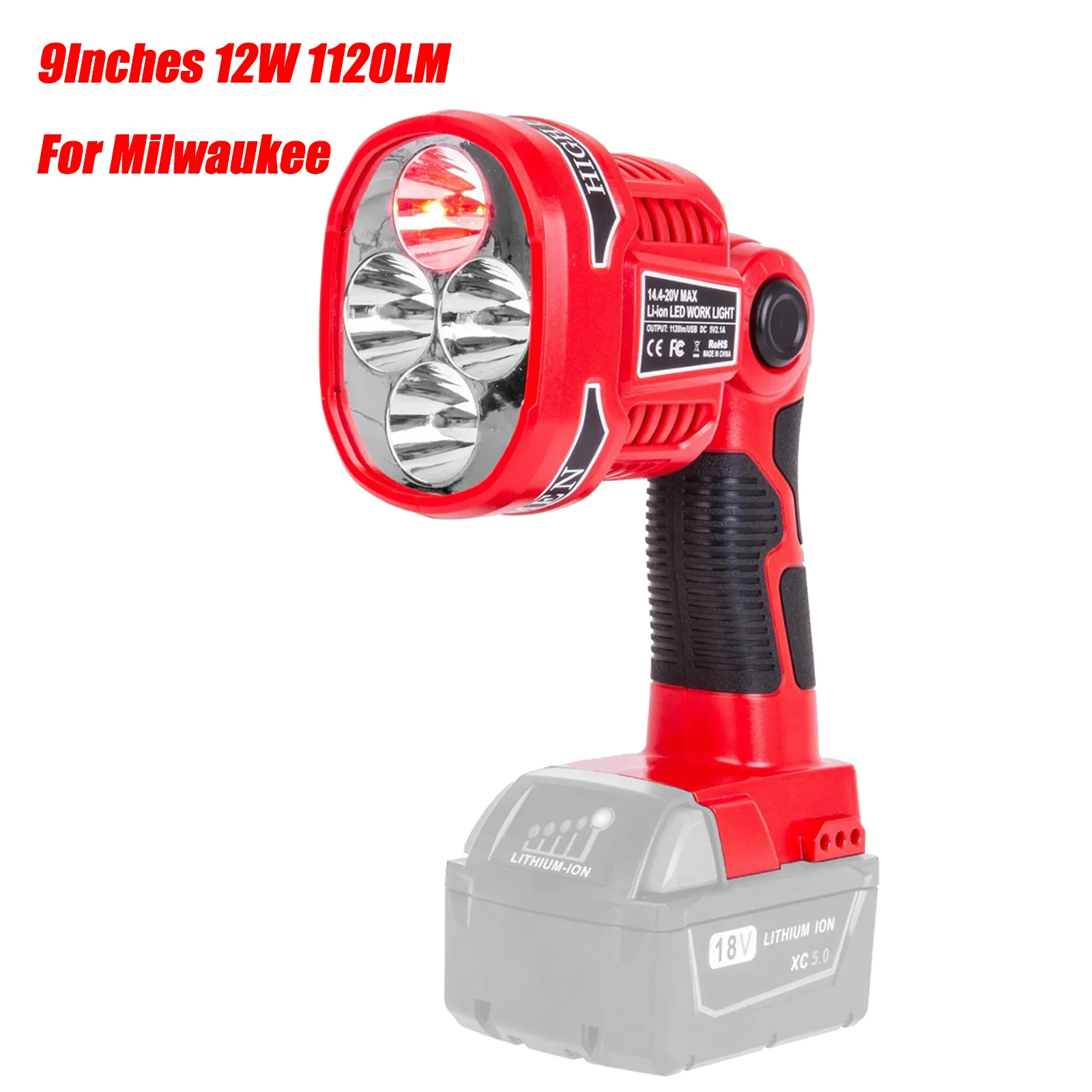 

9inches 12W 1120LM LED Work Light for Milwaukee 14.4V-20V Li-ion Battery Rechargeable Lamp Outdoor Camping Portable Flashlight