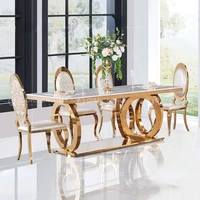 Gold Stainless Steel Dining Table Set Marble Top Luxury 8 Seater Marble Dining Room Furniture