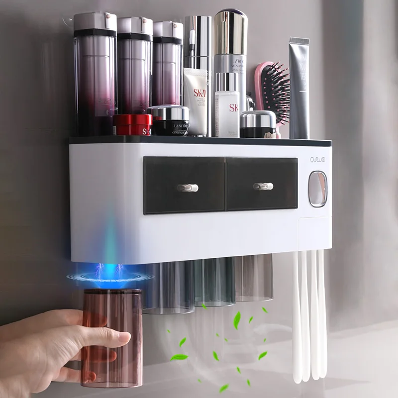 

Automatic Toothpaste Dispenser Squeezer Magnetic Toothbrush Holder With Cups Home Storage Rack For Bathroom Accessories