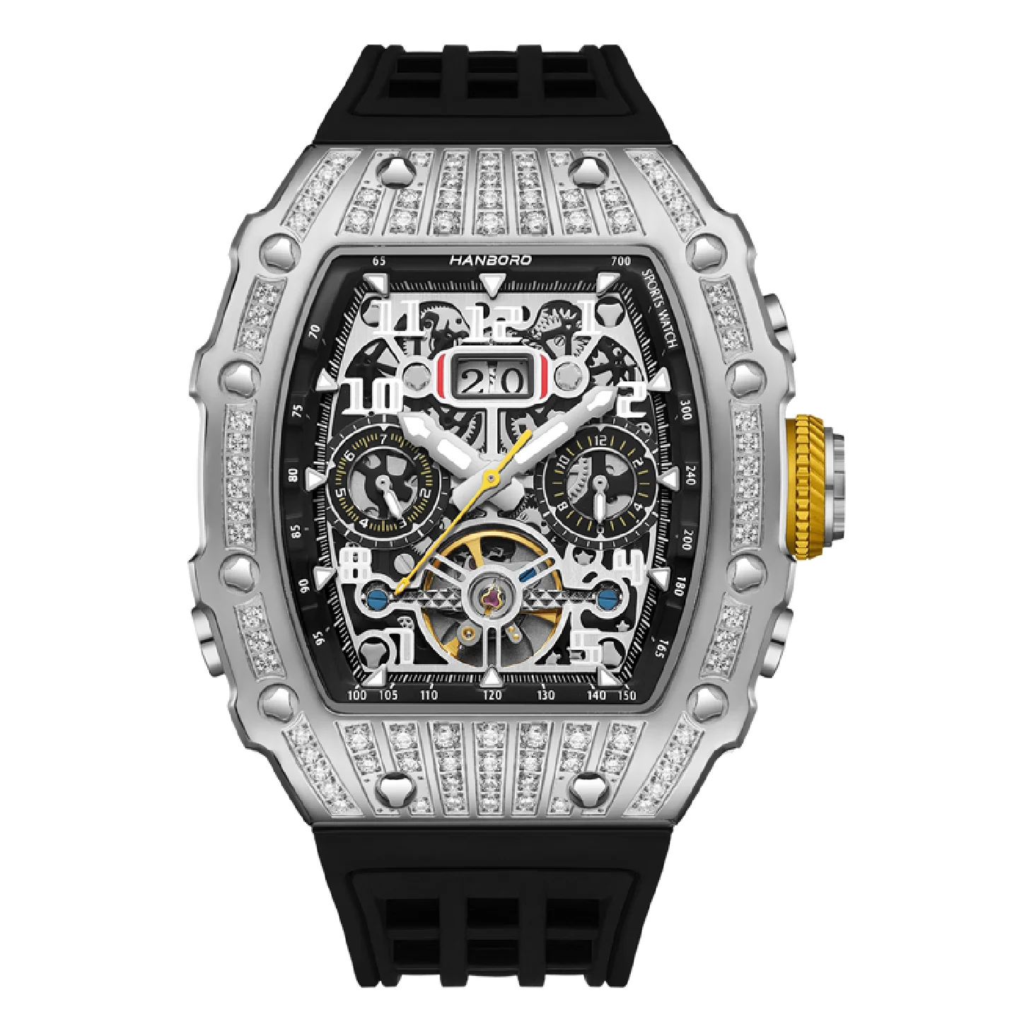 

HANBORO Men Automatic Watch Luxury Tonneau Mechanical Wristwatch 50M Waterproof Luminous Skeleton Multi-Functions Dial