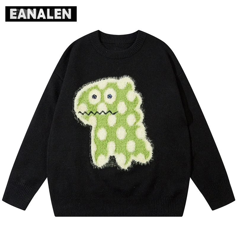 

Вязаный свитер в стиле аниме Харадзюку, Женский Зимний милый ретро пуловер оверсайз в черном цвете, стиль ретро, страшный свитер дедушки для мужчин