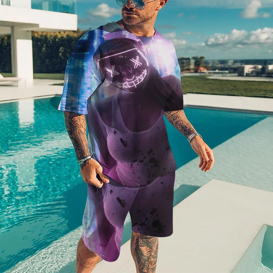 New Summer Men Tracksuit Sets Fashion For Male Oversized Casual Top Print XO T-Shirt+Shorts Suit Streetwear Men Clothing
