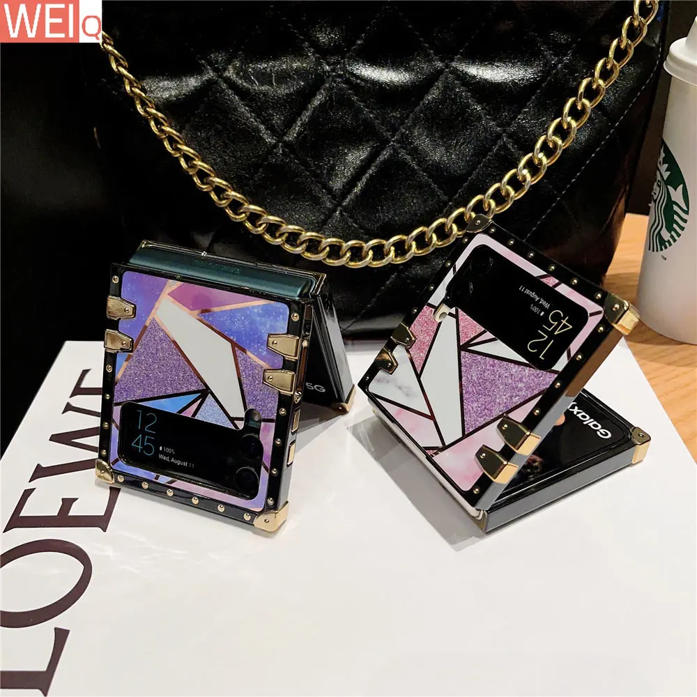 

Fashion Geometric Splicing Glitter Square Case For Samsung Galaxy Z Flip 4 Z Flip 3 Shockproof Cover Retro Fundas