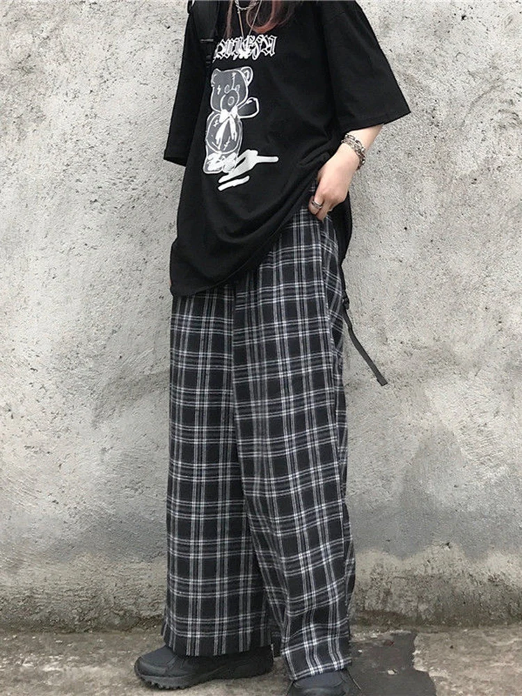 ZOKI Retro Women Plaid Pants Black Summer Streetwear Oversize Wide Leg Trousers Loose Teens Harajuku Hip Hop All Match Pant New