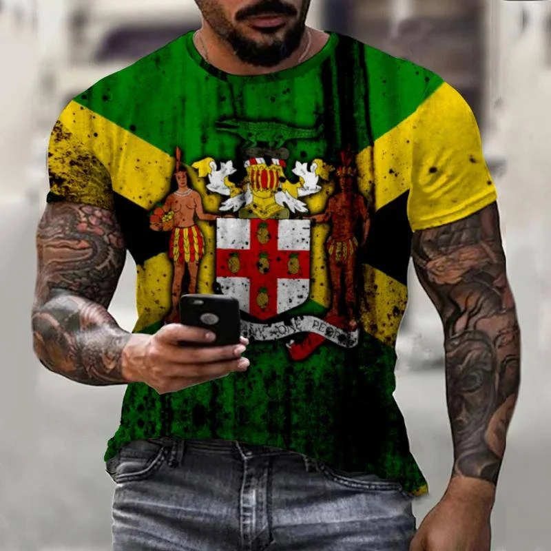 Retro Men's T-shirt Tops Jamaica Flag Fashion Brand Boy New Summer Men's Street Harajuku Casual Daily Wear O-neck