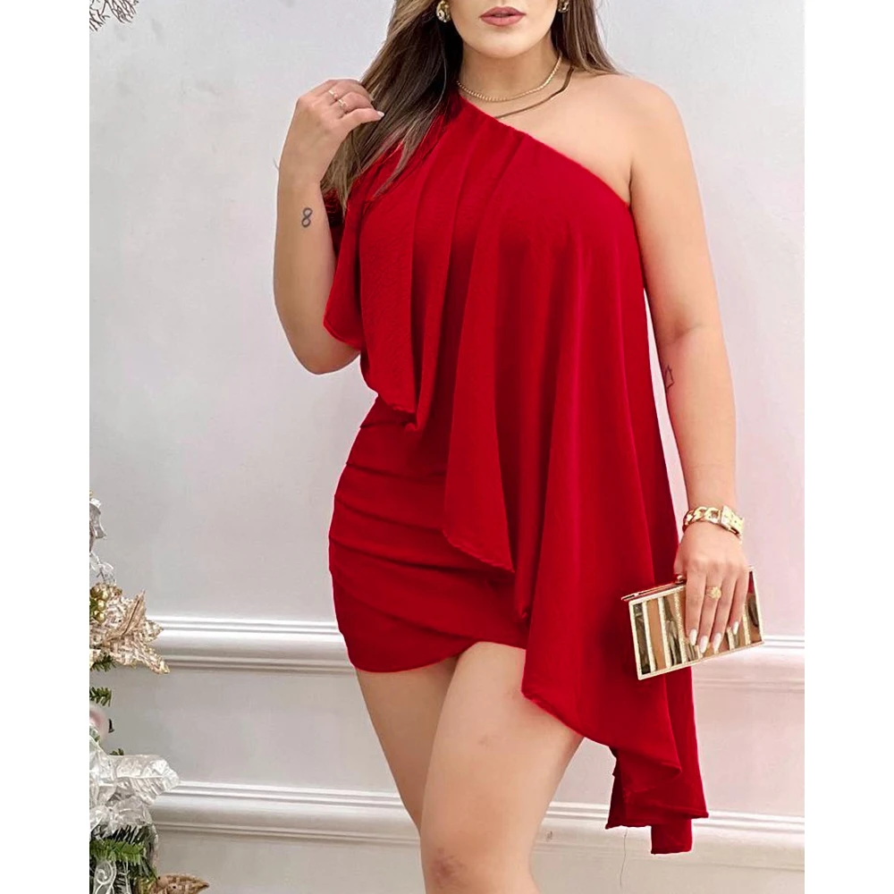 

Women One Shoulder Ruched Asymmetrical Party Dress 2023 Femme V Neck Skinny Slit Party Festival Lady Costume traf