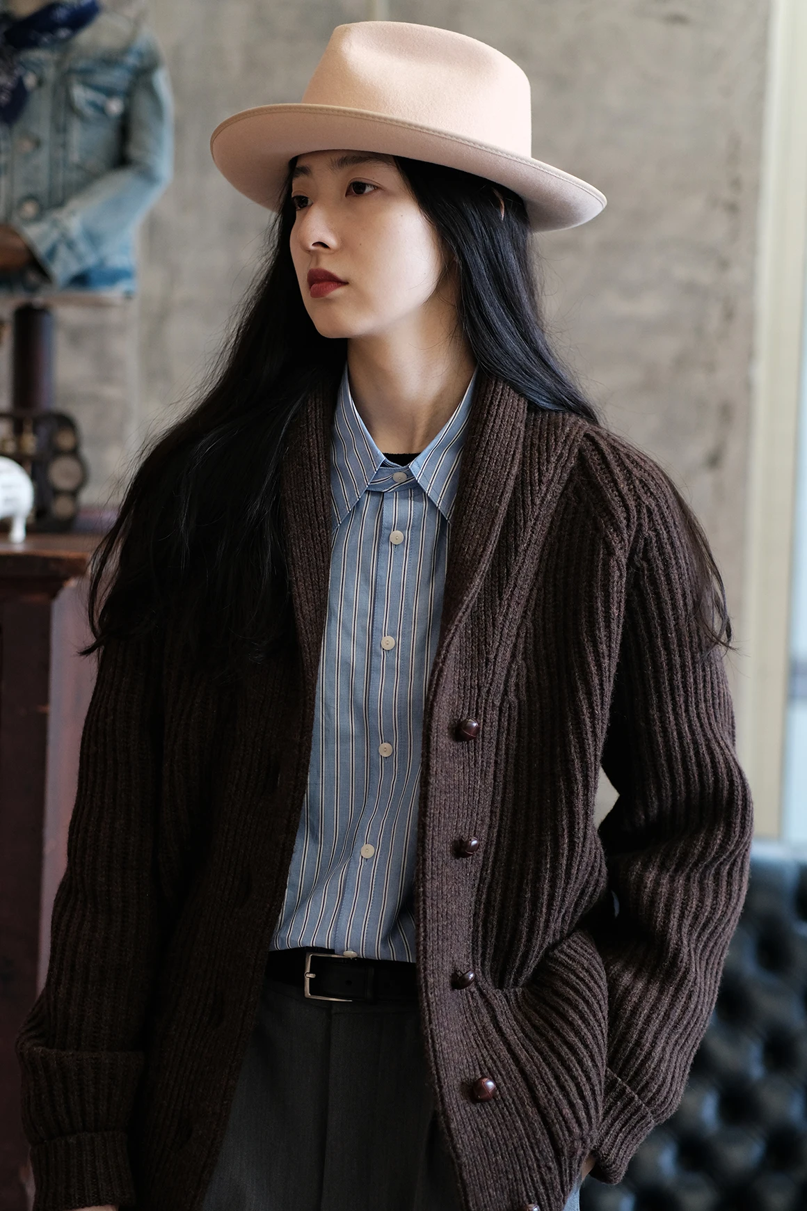 Labor Union Imported Fleece Lapel Knit cardigan Sweater Outerwear Niu Pi Mushroom Buckle Lu557
