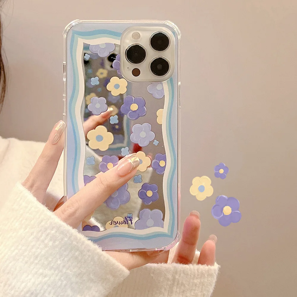 

Girl Makeup Mirror Phone Cover Flowers Iphone13 Case Anti-falling Protective Cover for IPhone 11 11pro 12 12 Pro Max