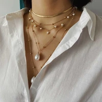 classic vintage pearl necklace for women gold color multilayer chain choker long pendant necklace jewelry collares para mujer