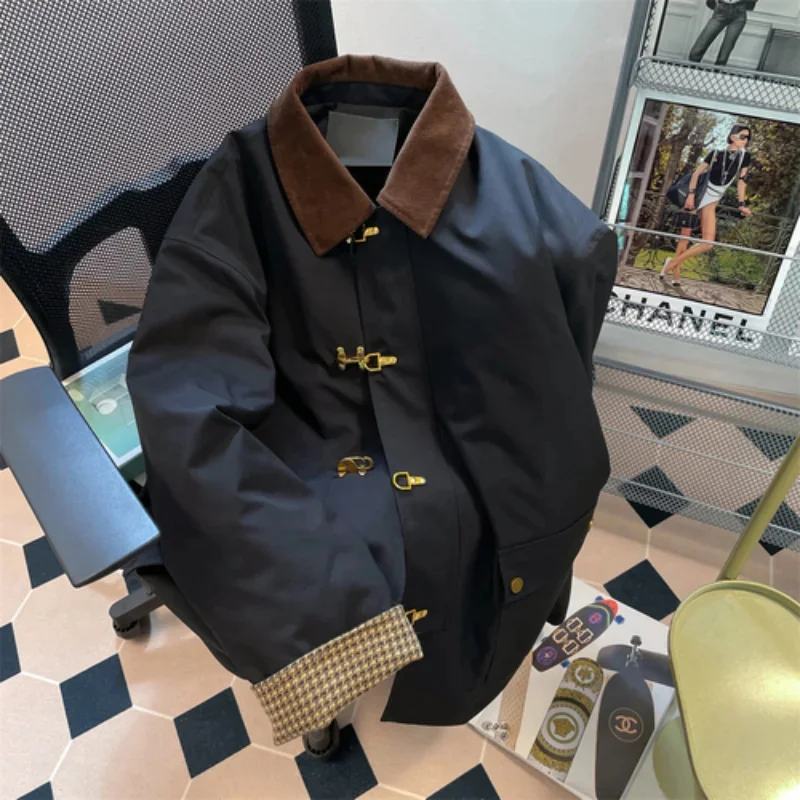 

2023 New Spring Corduroy Plaid Patchwork Padded Jacket for Men Women Retro Thicken Coat Unisex Button Lapel Parkas Jackets