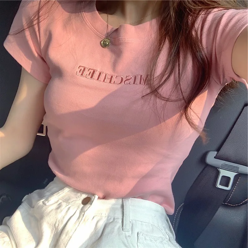 

Новинка лета 2022, облегающая футболка в Корейском стиле с вышитыми буквами и коротким рукавом, Женский студенческий Топ, женская мода