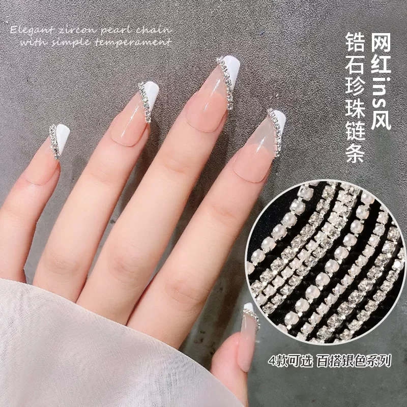 

Pearl Claw Chain Nail Rhinestone 3D Metal Silver AB Pearl Diamond Chain Can Be Cut DIY Charm Nail art Decorations Accessory