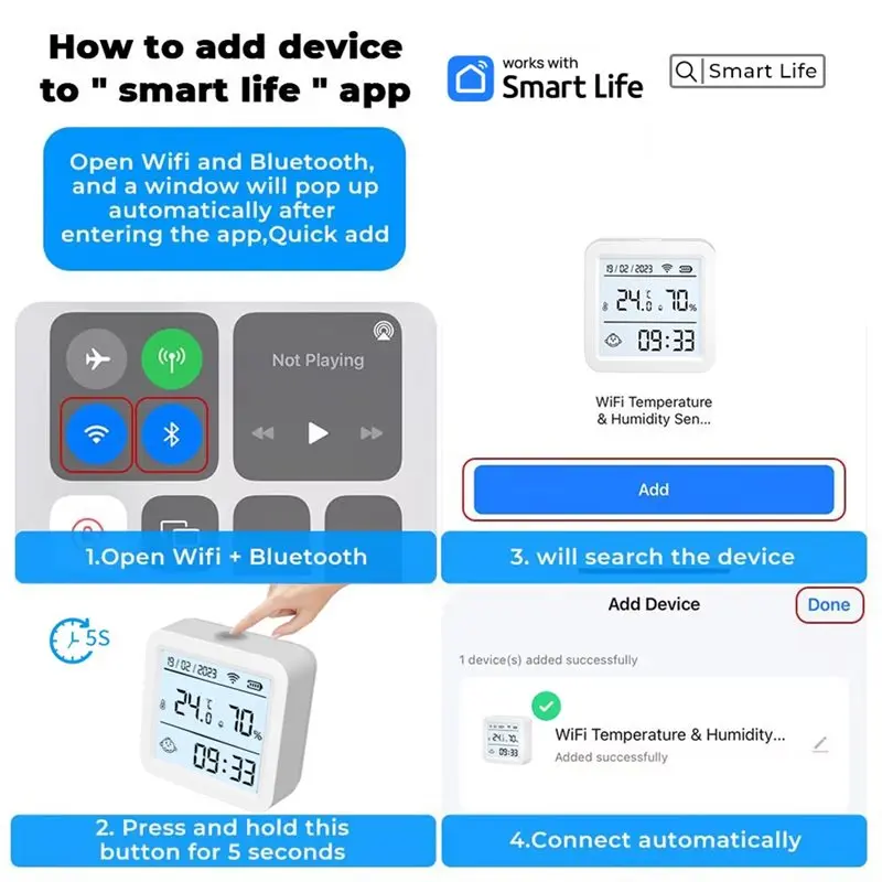 Фото Датчик температуры и влажности A69esmart Wifi Tuya с USB-питанием, подсветкой дисплея, совместимый с приложением Smart Life, умный термостат с функцией подключения к Smart Air. №4
