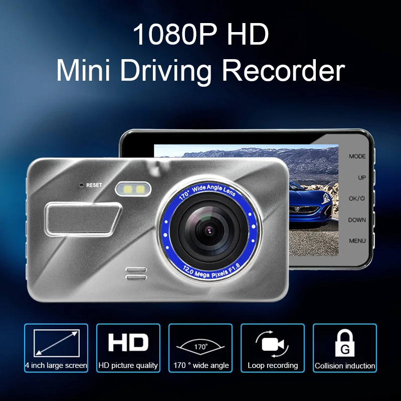 

1Pc 1080P HD 4 Inch Dual Lens Image Hidden Wide Angle Driving Recorder Dash Cam Support Reversing Car DVR Camera Car Accessories