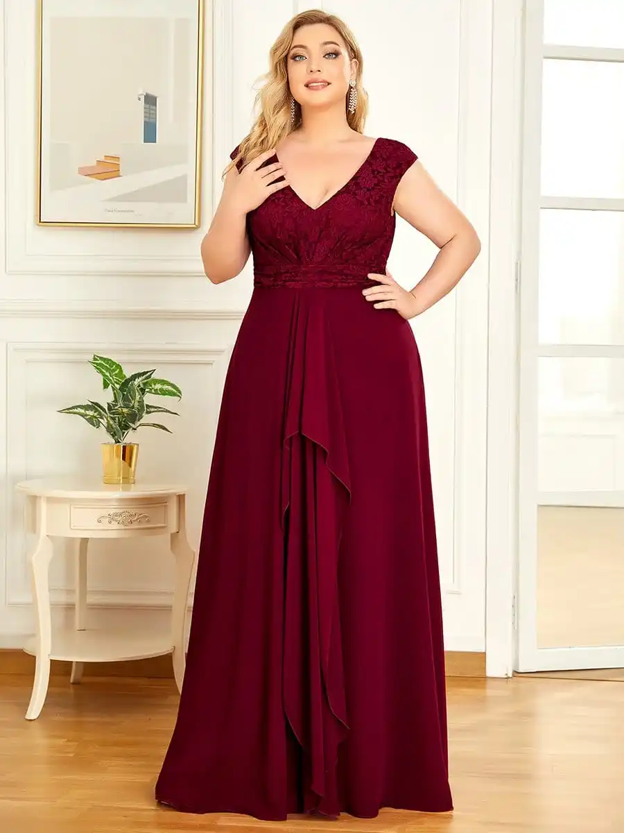 

Elegant Evening Dress Long Asymmetrical Short Sleeve V-Neck Chiffon Gown 2022 Ever Pretty Of Simple Prom Women Dress