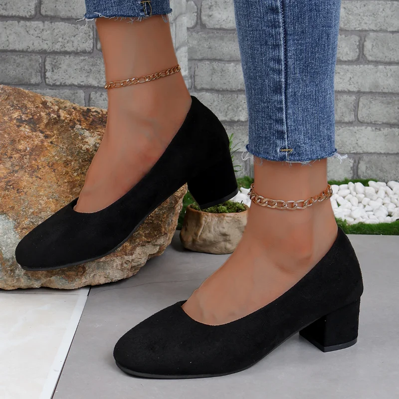 

Женские модные замшевые ботинки на высоком каблуке, черные рабочие ботинки на необработанном каблуке, Женская Повседневная привлекательная Классическая обувь с острым носком, женские туфли-лодочки, размеры 34-42