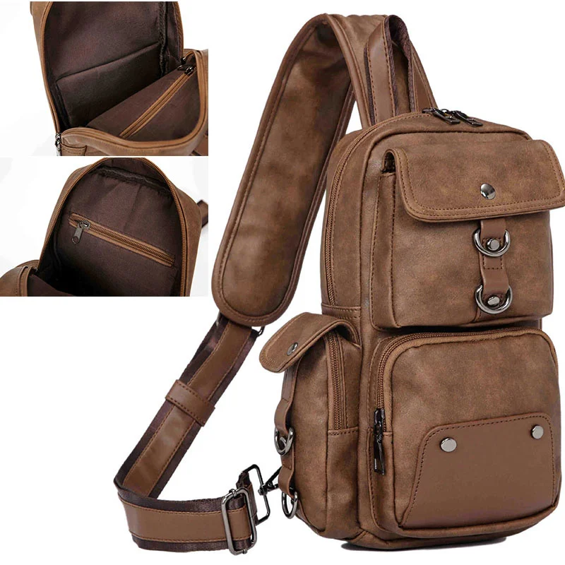 

Men Retro Multifunction PU Leather Shoulder Bag Anti-theft Waterproof Crossbody Travel Sling Messenger Pack Chest Bag for Male