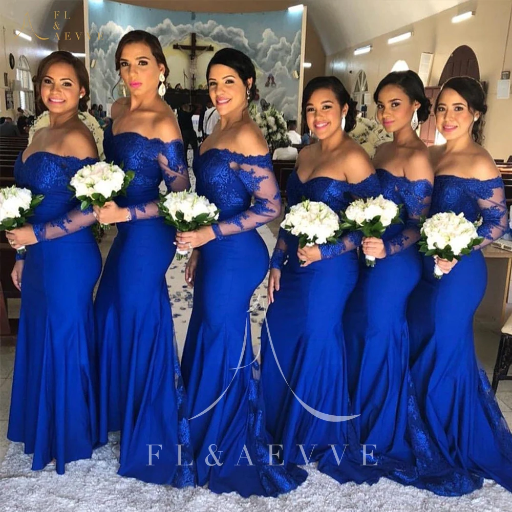 

Royal Blue Satin Guest Wedding Dresses for Bridesmaid Robe Long Sleeve Off the Shoulder Wedding Evening Dress Party Weddings