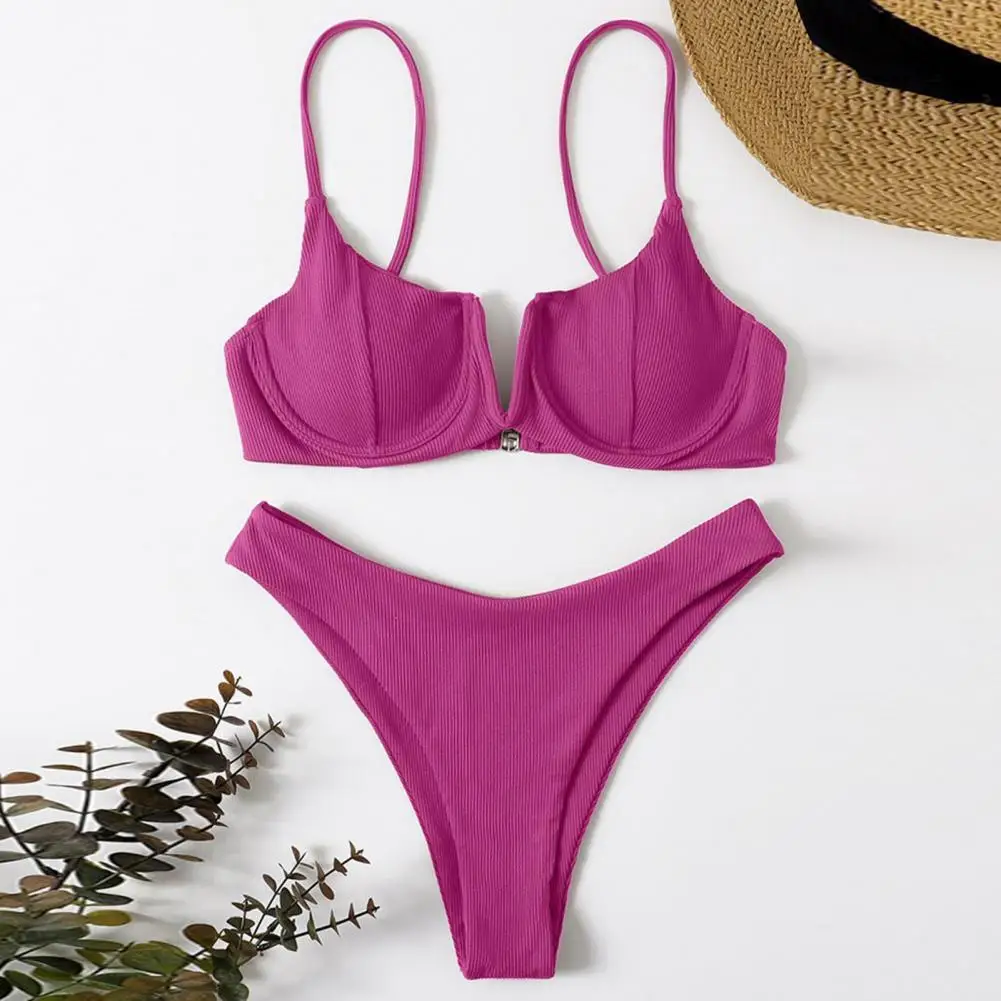 

Push Up Bikini Thong Women Swimsuit V Neck Ribbed Swimwear Bikini Set Summer Beachwear Bathing Suit For Female купальник женский