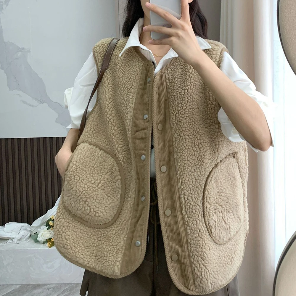 

Rowling Mirror Solid Color Reversible Warm Cardigan Vest Women Corduroy Fabric Imitation Sherpa Button Pocket Vest Female