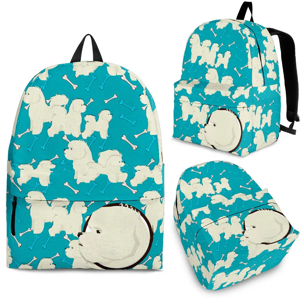 

YIKELUO White Bichon Frize Dog Bone Design Durable Brand Backpack Comfortable Adjustable Straps Student Textbook Bag Bule Bag