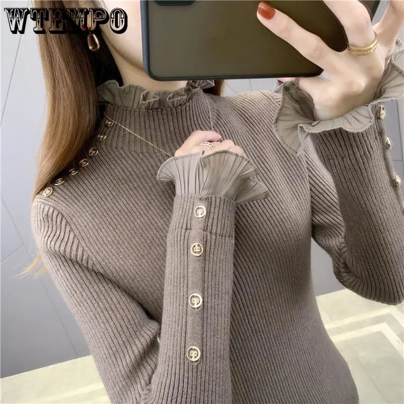 

Women's Sweater Fashion Solid Color Splice Lace Sleeve Knitwear Slim Undercoat Women's Full Matching Top Autumn and Winter New