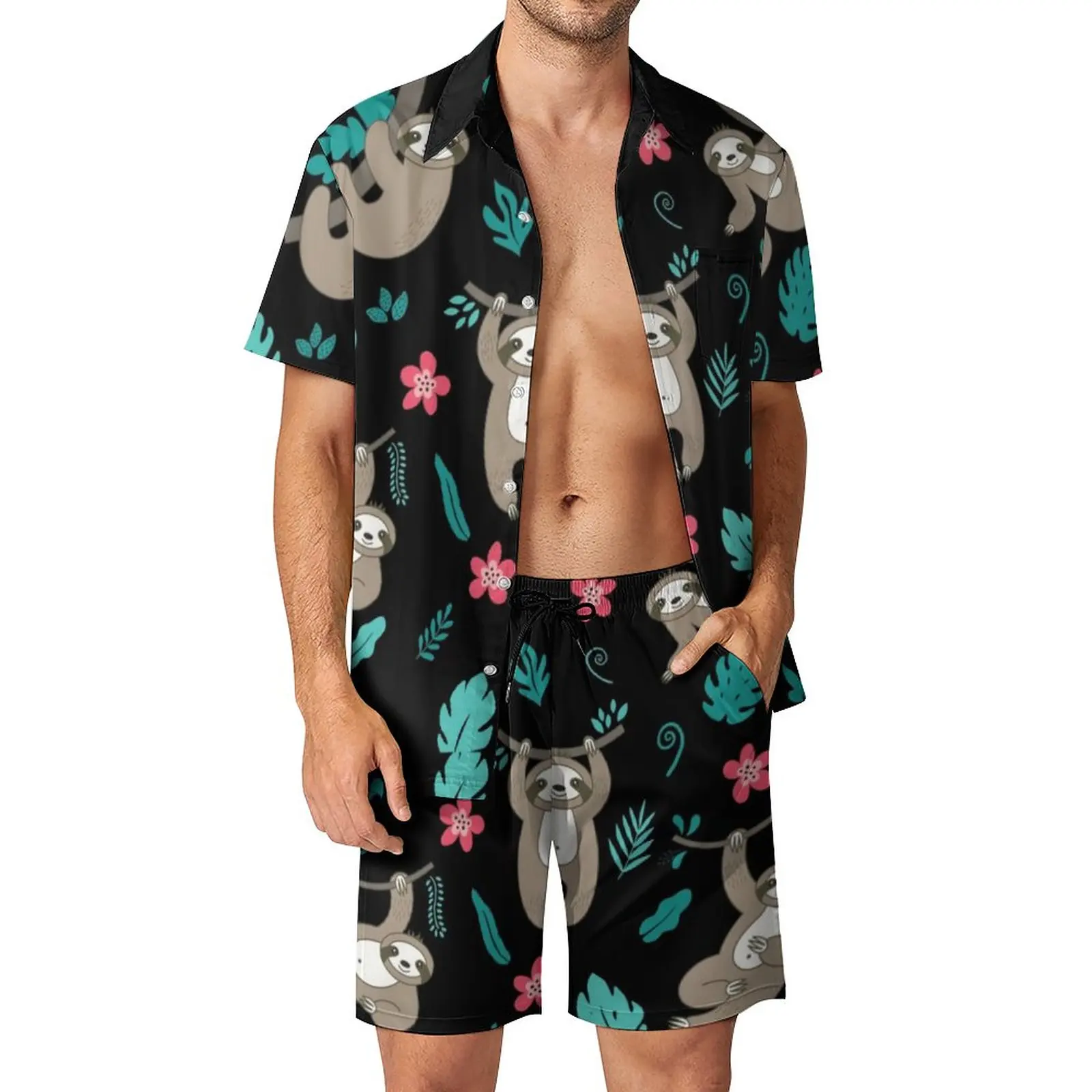 

Lazy Sloths Men Sets Flower Leaves Print Casual Shorts Summer Hawaii Beach Shirt Set Short Sleeve Graphic Oversized Suit Gift
