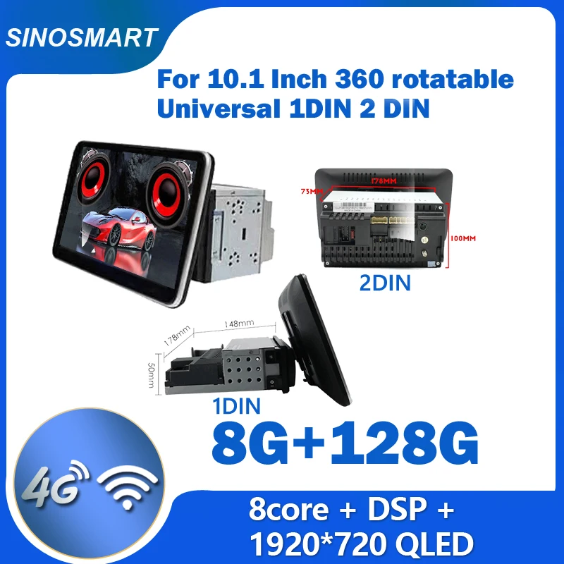 Sinosmart Navigation for 10.1 Inch 360 Rotatable Universal 1 DIN 2 DIN Android Car Radio GPS 2.5D QLED Screen