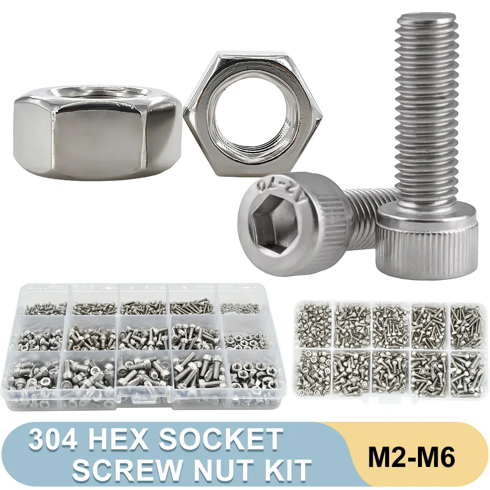 M2 M2.5 M3 M4 M5 M6 304 Набор гаек с шестигранной головкой из нержавеющей стали DIN912