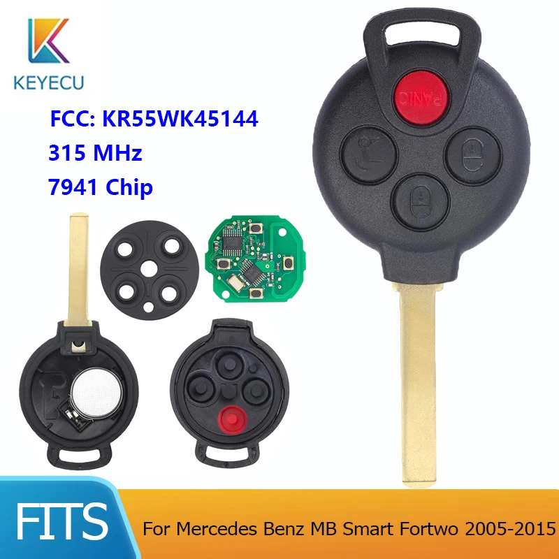 

KEYECU FCC ID: KR55WK45144 для Mercedes Benz MB Smart Fortwo 2005-2015 дистанционный ключ-брелок от машины 4 кнопки 315 МГц 7941 чип