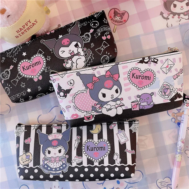 

New Sanrioed Pen Bag Cute Id Bag Portable Pu Wallet Cartoon Kuromi Cosmetic Bags Kawaii Multifunctional Storage Bag Girl Gift