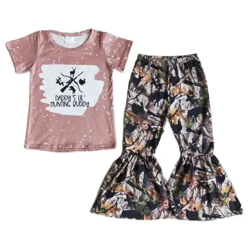 

Baby Girl Clothes Printed Pink Short Sleeve T-Shirt Top With Vintage Bell Pants 2 Piece Set Fall Outfits RTS Children Clothing