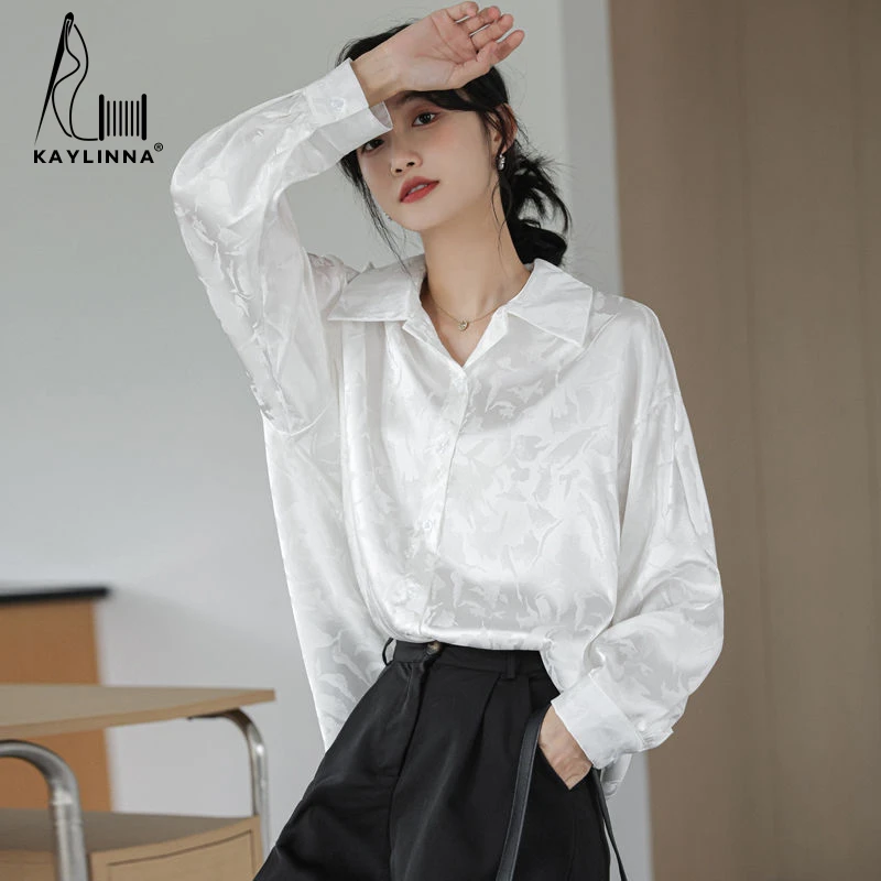 KAYLINNA 2022 Autumn Blouses Women Jacquard Silk Elegant Design Long Sleeve Woman Blouses Chiffon Shirt Tops Women's Clothing