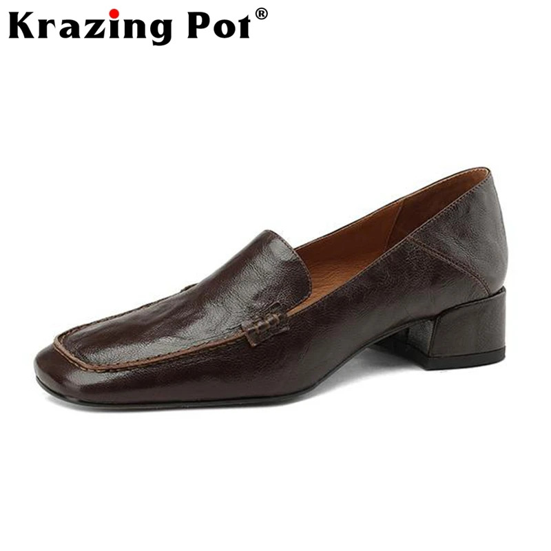 

Туфли Krazing Pot из натуральной кожи с квадратным носком на среднем каблуке, базовые Нескользящие, удобные, в английском стиле, без застежки, Повседневная Брендовая обувь, на весну