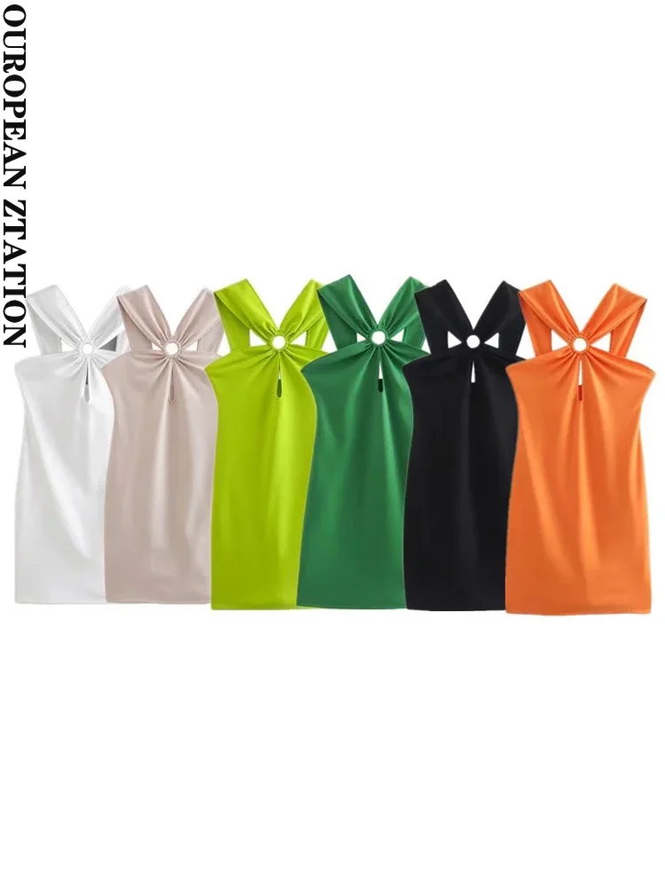 

PAILETE Women 2022 fashion with ring hollow out linen mini dress vintage sleeveless back zipper female dresses vestidos mujer