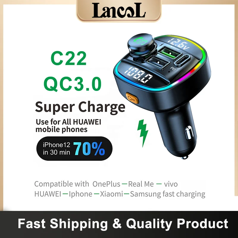 

C22 Car Bluetooth 5.0 Fm Transmitter Qc3.0 PD20W Charger Fast Charging Mp3 Player For Car New Dual Display Voltage Detection