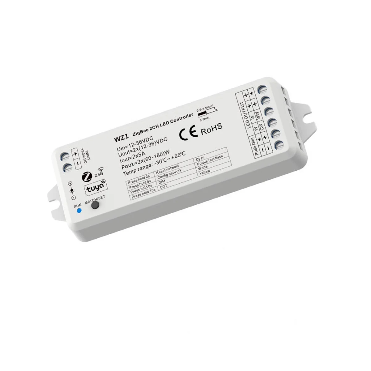 

Контроллер WZ1 Zigbee или RF для светодиодных лент, беспроводной пульт дистанционного управления с поддержкой приложения TUYA, 24 В, 2 канала, для одноцветной ленты