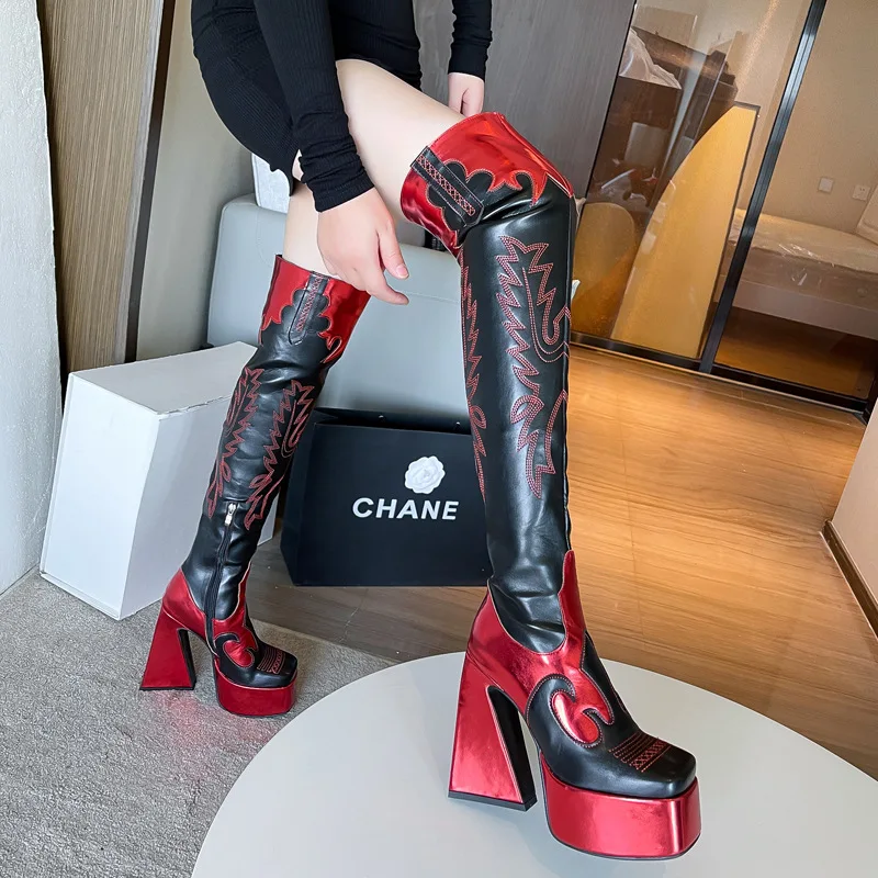 Women Boots Winter 2022 Designer Luxury High Heels Women Shoes Plus Size Catwalk Embroidery Platform Over The Knee Women Boots