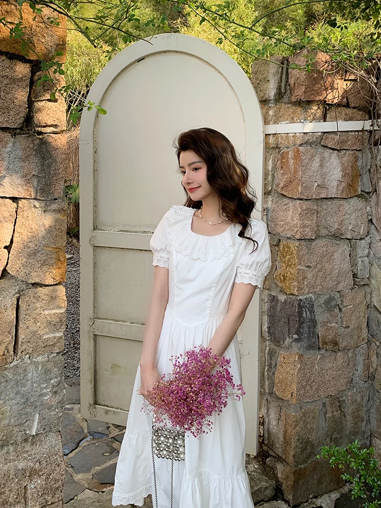 White Dress for Women Summer Luxury Tea Break French First Love Long Doll Neck Temperament Princess Dress