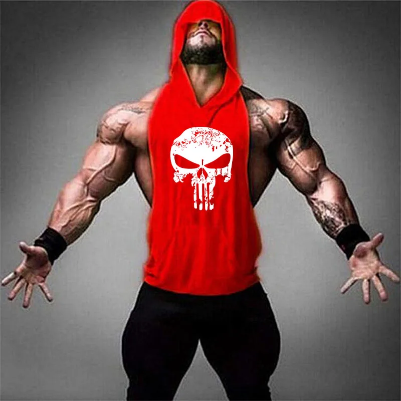 

2023 New Skull 3D Printing Bodybuilding Tank Top Men's Gym Fitness Cotton Hooded Tank Top Sleeveless Shirt Sports Hooded Summer