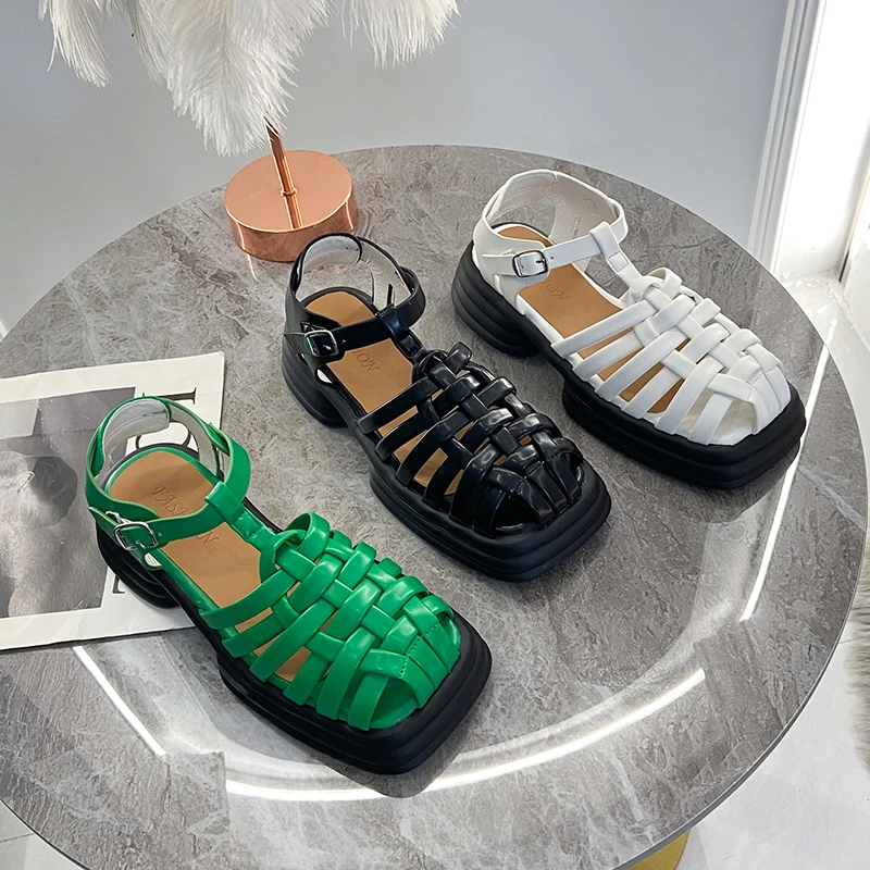 Zapatos cómodos para mujer, sandalias de Punta cerrada, zuecos con tacón, traje medio, Beige, Gladiador grueso transpirable, cuadrado, 2022