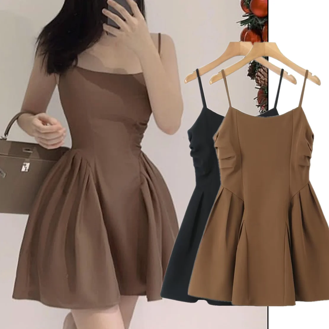 

Maxdutti French Fashion Puffy Skirt 2023 Spring/Summer Solid Sexy Strap Dress Women